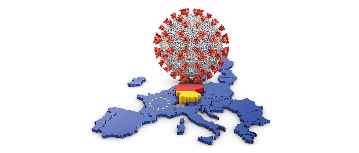 Darstellung der EU-Mitgliedsstaaten, inklusive Großbritannien in Kartenform. Oben drüber schwebt das Corona-Virus.
