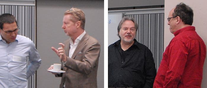 Auch am Rande der Konferenz gab es Gelegenheit zum Austausch (von links): IAB-Forscher Dr. Michael Oberfichtner im Gespräch mit Professor Michael Rosholm von der Aarhus Universität in Dänemark und Professor Gerad van den Berg von der britischen University of Bristol im Austausch mit Professor Steven Lehrer von der kanadischen Queen’s University.