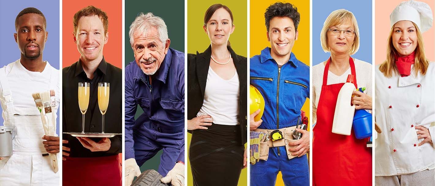 Portraits of employees from a wide range of sectors, ethnic backgrounds and generations.