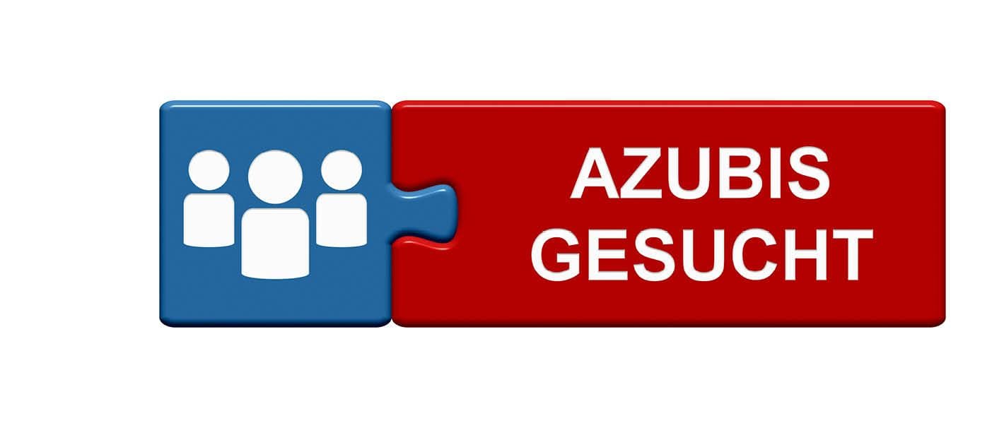 Blauer und roter Puzzlestein, letzterer mit der Aufschrift „Azubis gesucht“, greifen ineinander