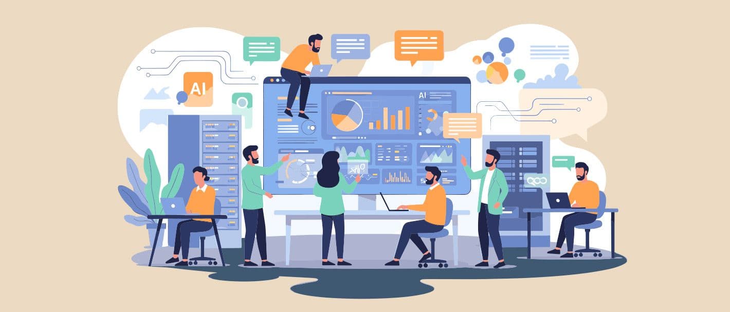 Die Vektorgrafik zeigt ein Team von Fachleuten, das gemeinsam an einem großen digitalen Dashboard arbeitet, auf dem Datenanalysen und Diagramme angezeigt werden – ein Symbol für Teamarbeit und technologischen Fortschritt.